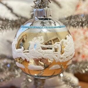 3" Radko Shiny Brite Stenciled Flocked Ornament Santa Sleigh Ride Gold‎ Blue Mcm